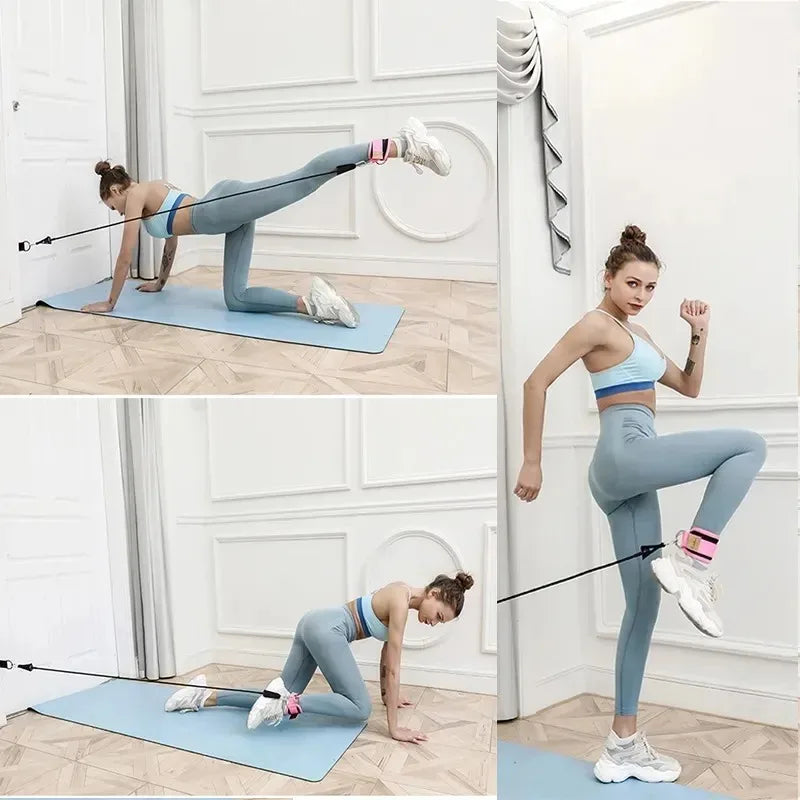 Woman wearing double d-ring ankle straps for gym performing various leg resistance exercises indoors