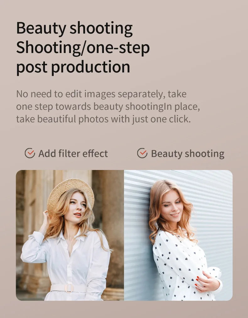 Dual camera aerial photography drone captures beauty shooting with filter effects and one-step post production