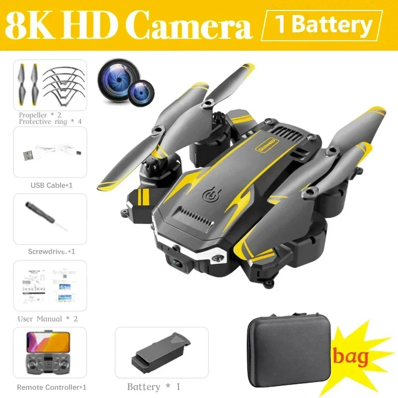 DFShop dual camera aerial photography drone with 8K HD camera and included accessories in black and yellow