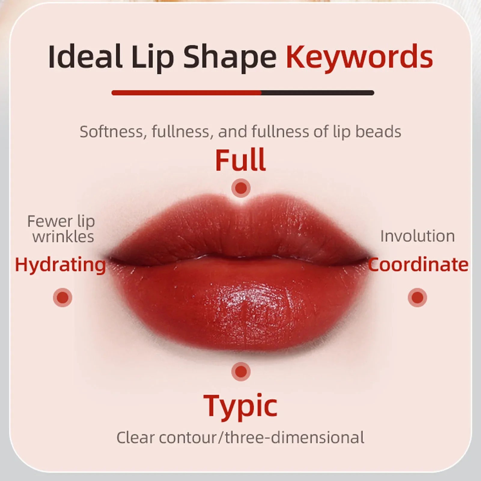 Close-up of lips showing ideal lip shape with keywords like full hydrating and clear contour for electric lip plumper device