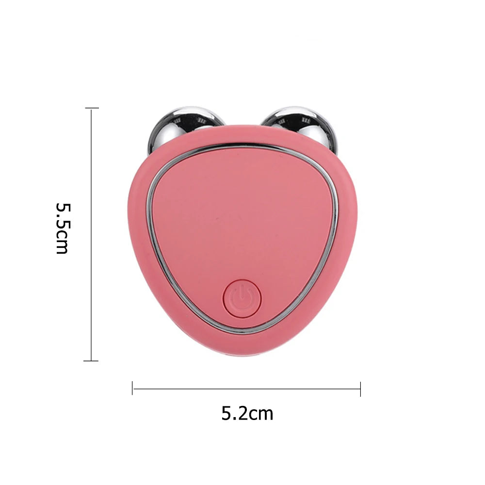 Compact pink face lifting device for home use with dual silver massage rollers