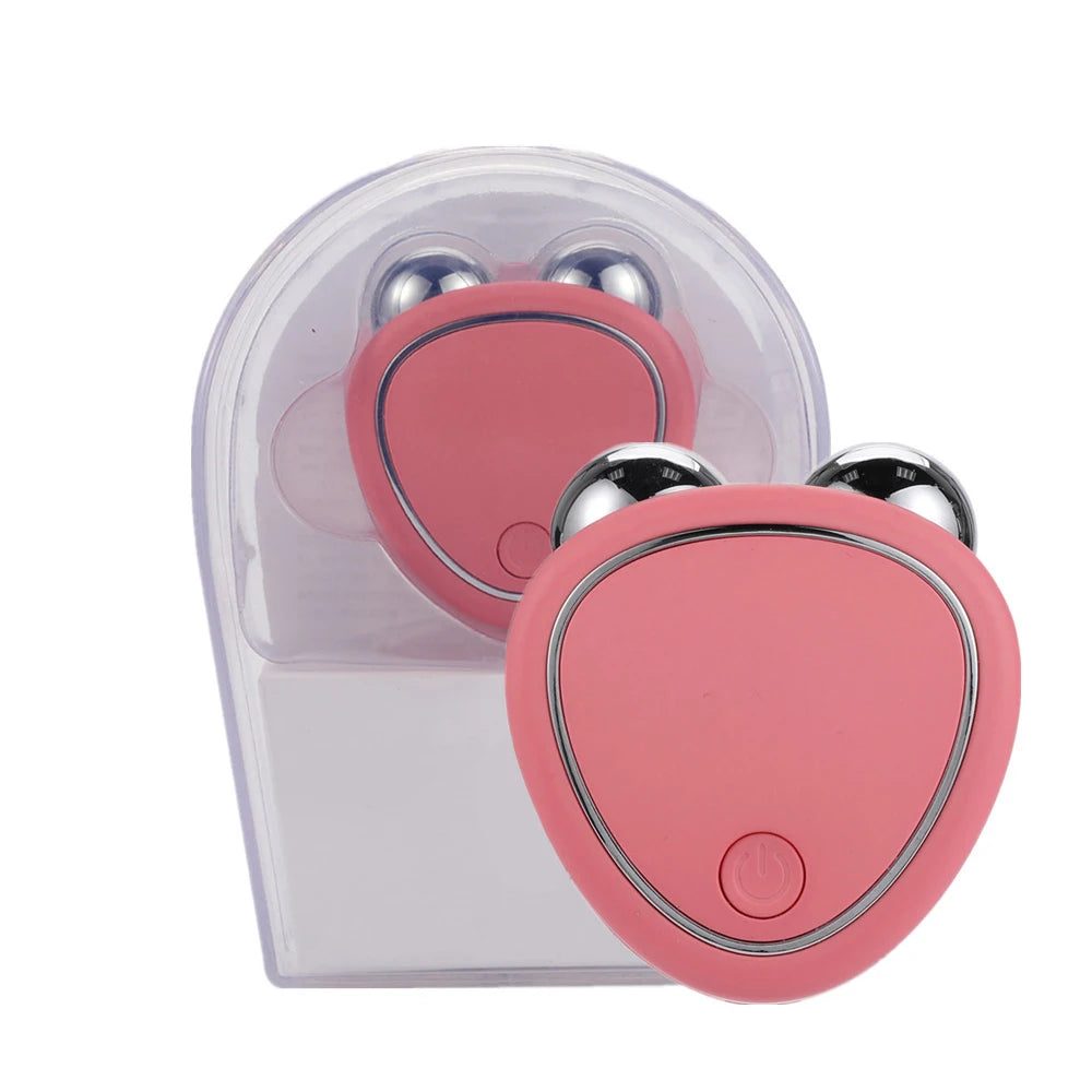 Pink face lifting device for home use with dual silver massage rollers and power button