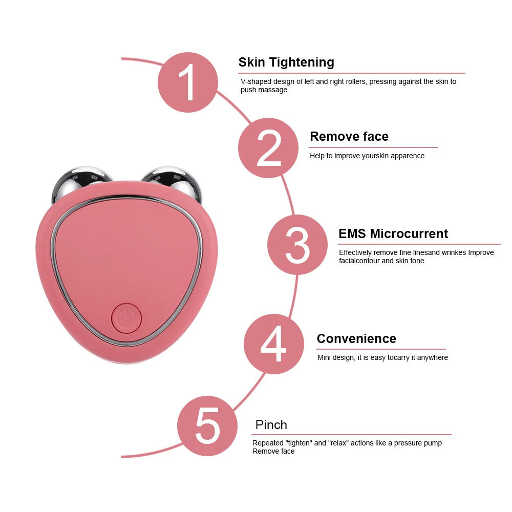 Pink face lifting device for home use with V-shaped rollers for skin tightening and EMS microcurrent
