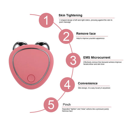 Pink face lifting device for home use with V-shaped rollers for skin tightening and EMS microcurrent