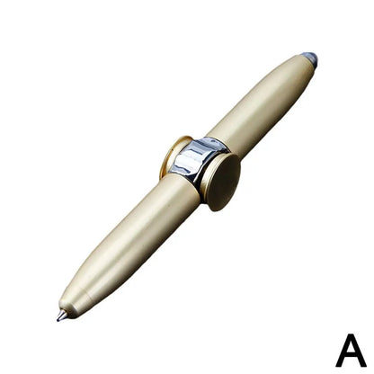 Gold and silver fidget spinner pen with smooth metallic finish and dual spinning discs