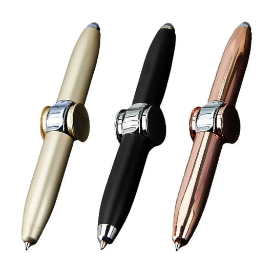 Set of three stylish fidget spinner pens in gold, black, and rose gold finishes with silver spinners