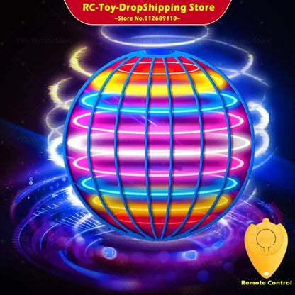 Colorful flying orb ball toy with glowing rings and remote control for interactive play