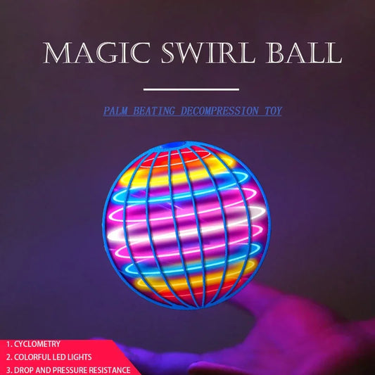 Colorful flying orb ball toy with LED lights and swirl design for palm beating decompression