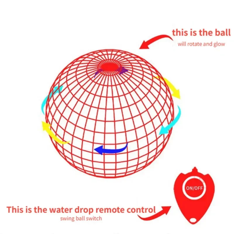 Red flying orb ball toy with glowing rotation and water drop shaped remote control