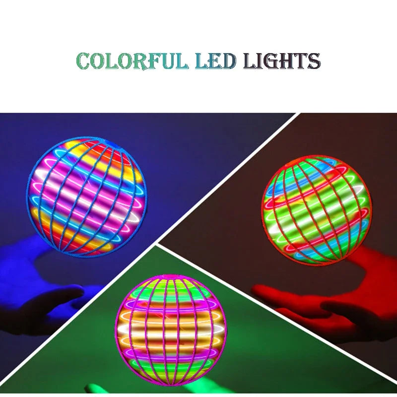 Colorful LED flying orb ball toy glowing with vibrant lights in multiple hands at night