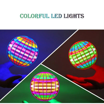 Colorful LED flying orb ball toy glowing with vibrant lights in multiple hands at night
