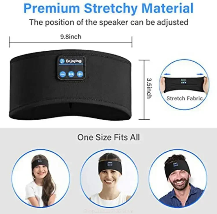 Black multifunction sleep headband with adjustable speaker position made of premium stretchy material