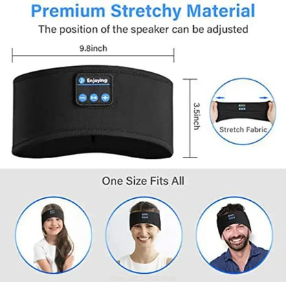 Black multifunction sleep headband with adjustable speaker position made of premium stretchy material
