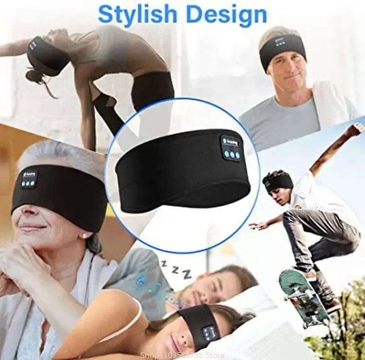 Black multifunction sleep headband worn during yoga, skateboarding, and sleeping for versatile use