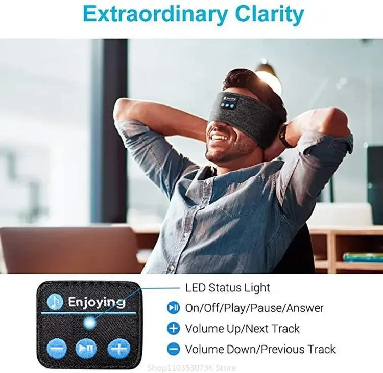 Man wearing a multifunction sleep headband with LED controls for music and calls, relaxing with eyes covered