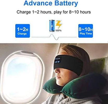 Woman wearing multifunction sleep headband and green neck pillow resting by airplane window during flight