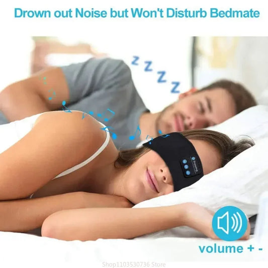 Woman wearing multifunction sleep headband playing music while man sleeps peacefully in bed