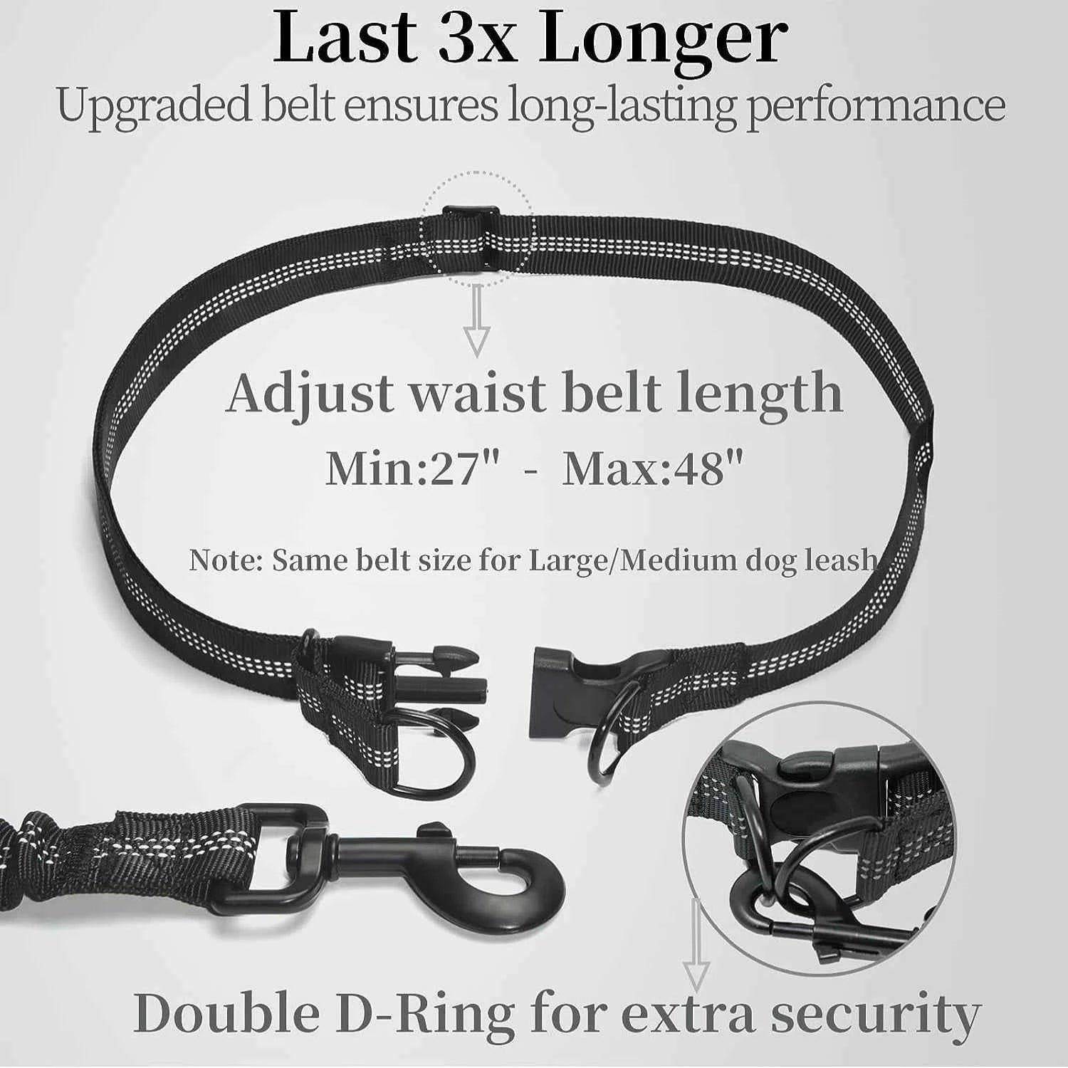 Black adjustable hands free dog leash with pouch waist belt featuring double D-ring for extra security