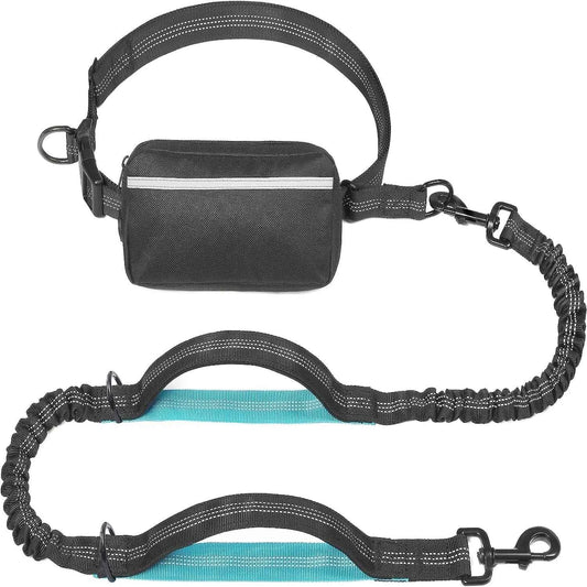 DFShop hands free dog leash with pouch in black and blue with adjustable straps and reflective stitching