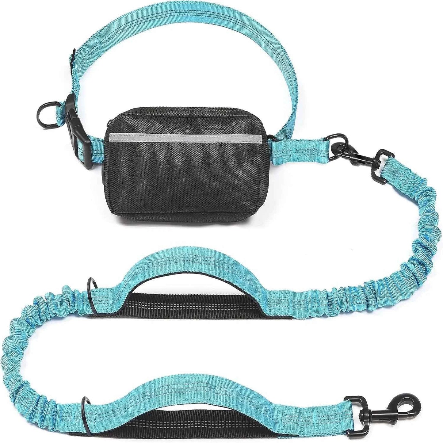 DFShop hands free dog leash with pouch in blue and black with adjustable straps and reflective trim