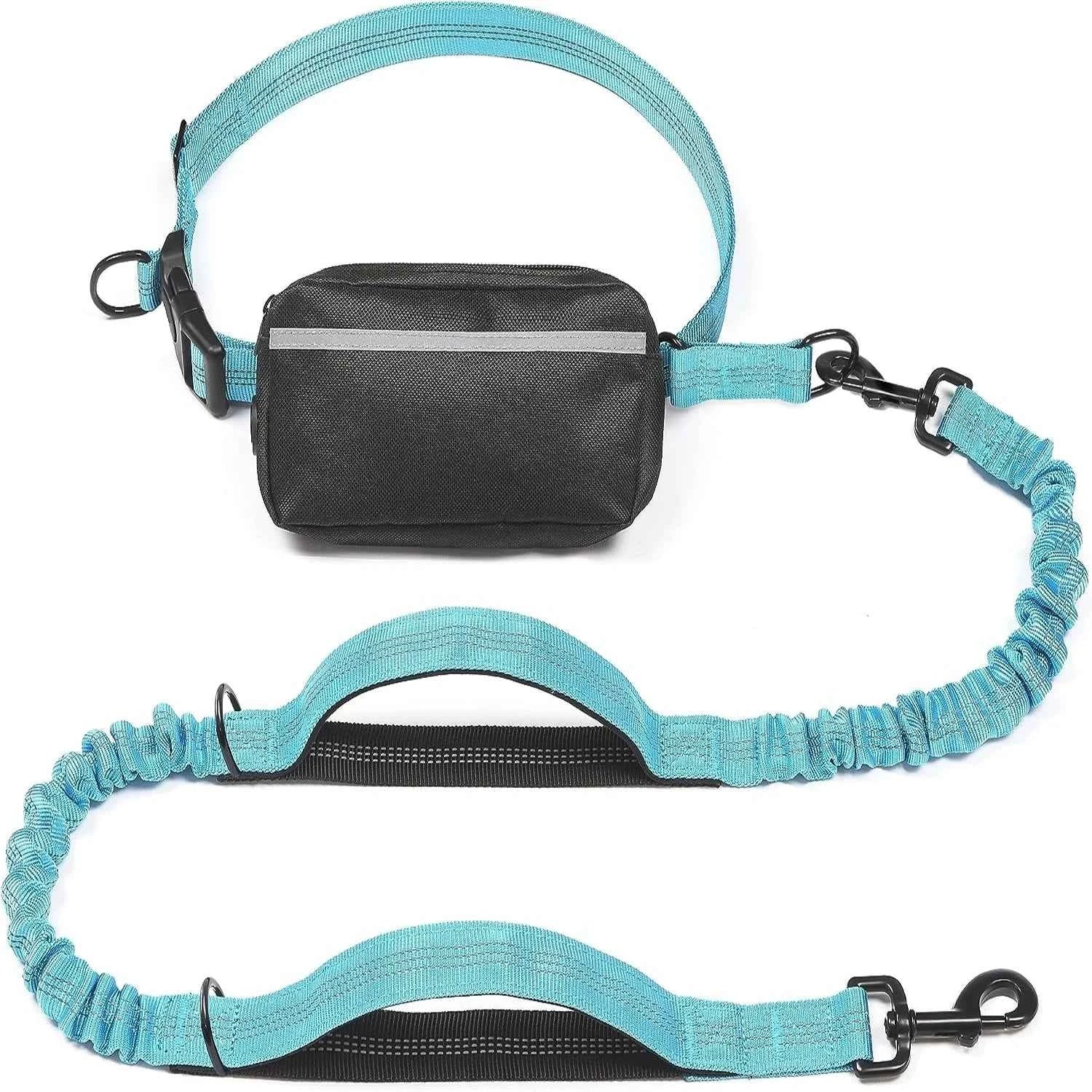 Hands free dog leash with pouch in blue and black adjustable strap for easy dog walking