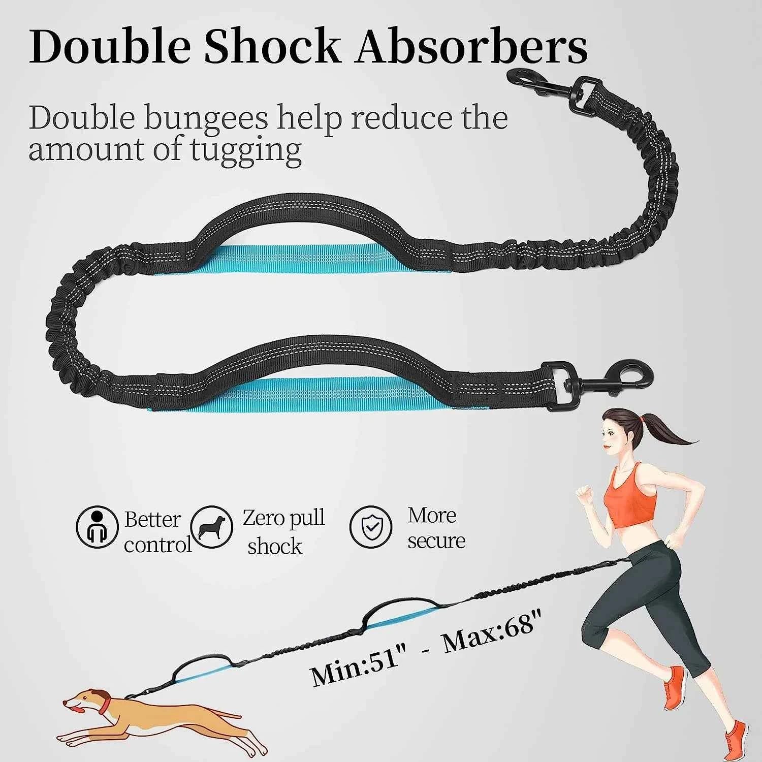 Hands free dog leash with pouch featuring double shock absorbers and adjustable length for better control