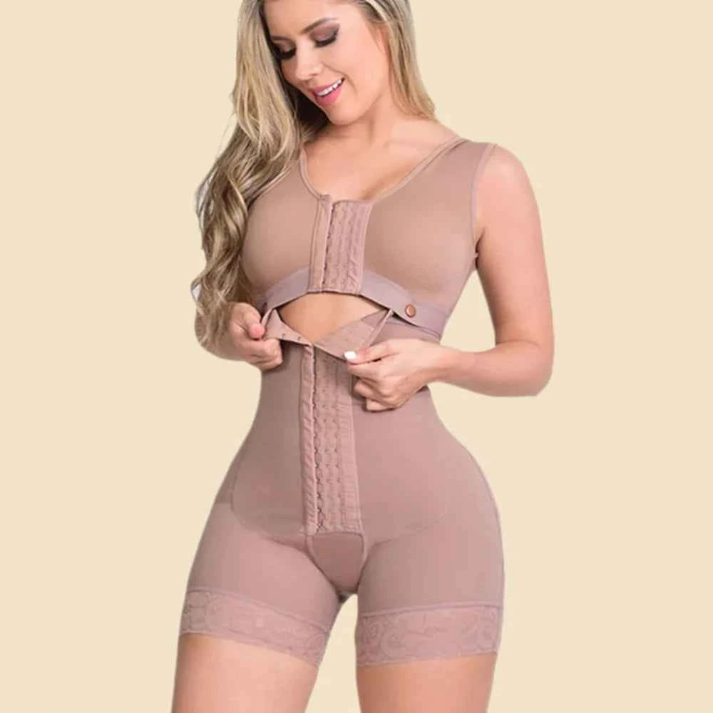 Beige high compression shapewear for women with front hook closure and adjustable fit by DFShop