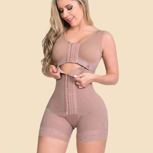 Beige high compression shapewear for women with front hook closure and adjustable fit by DFShop