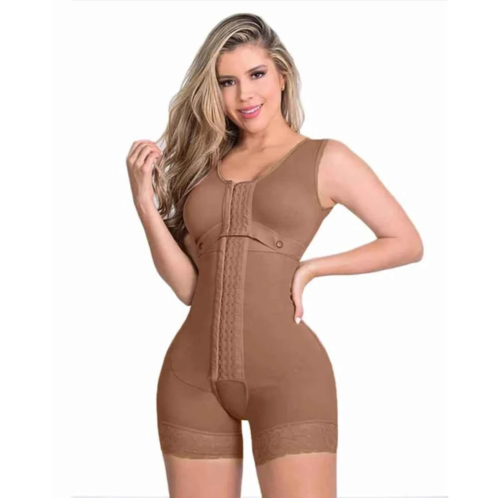 DFShop high compression shapewear for women in brown with front hook closure and thigh length coverage