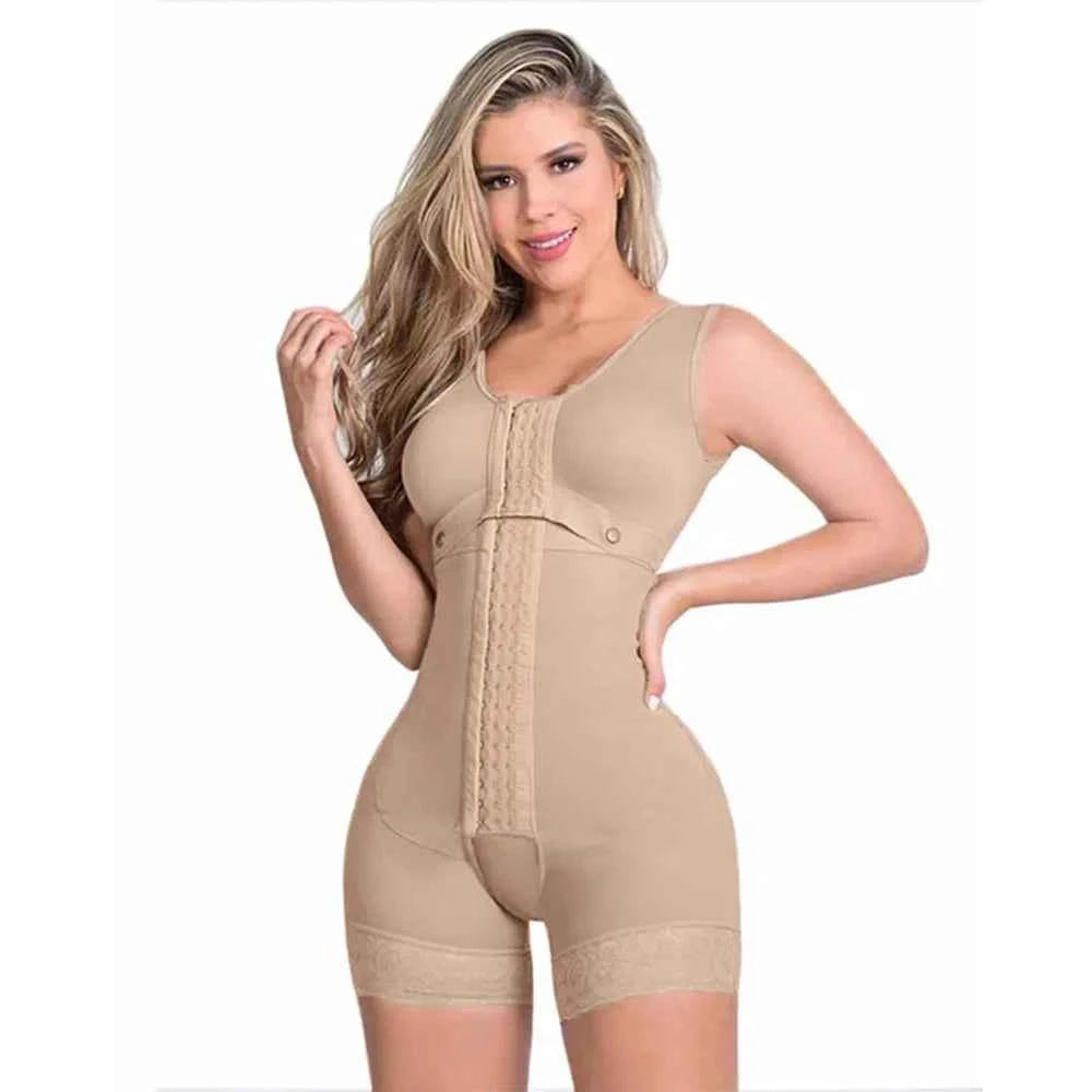 Beige high compression shapewear for women with front hook closure and lace trim shorts