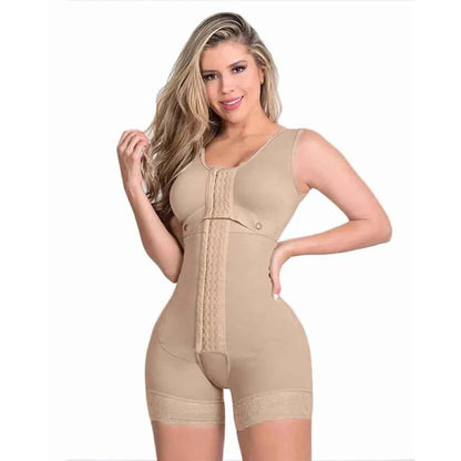 Beige high compression shapewear for women with front hook closure and lace trim shorts