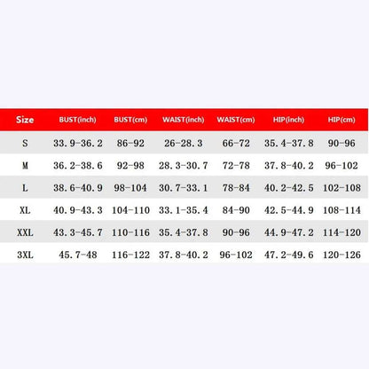 Size chart for high compression shapewear for women showing bust waist and hip measurements in inches and centimeters