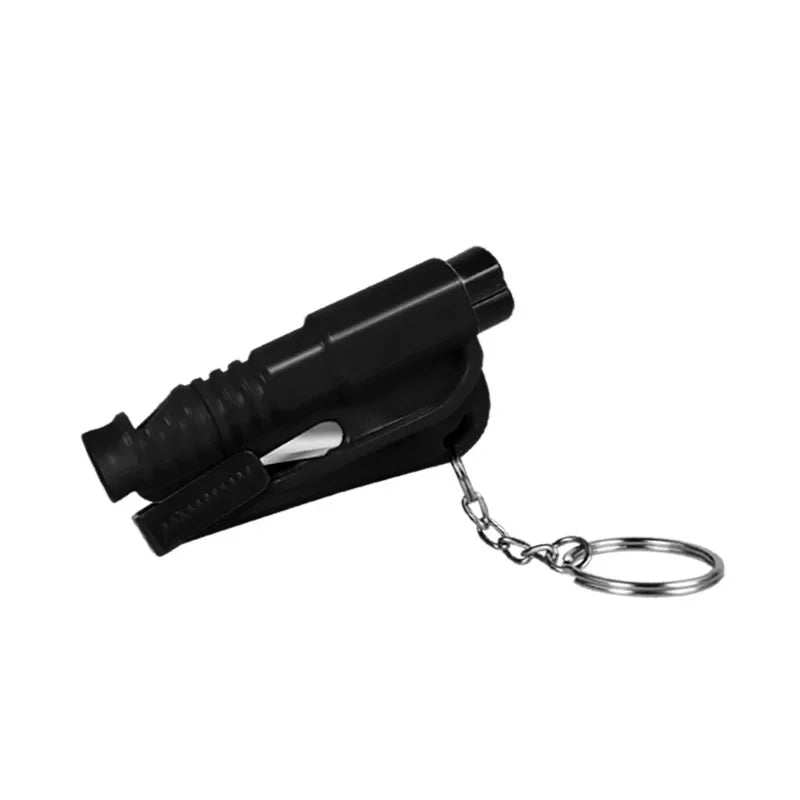 Black keychain safety hammer with metal key ring and compact design for emergency use