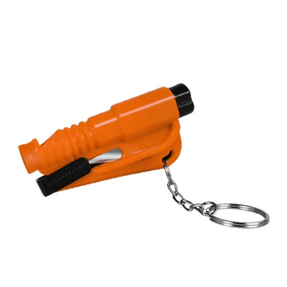 Orange keychain safety hammer with built-in seatbelt cutter and metal key ring