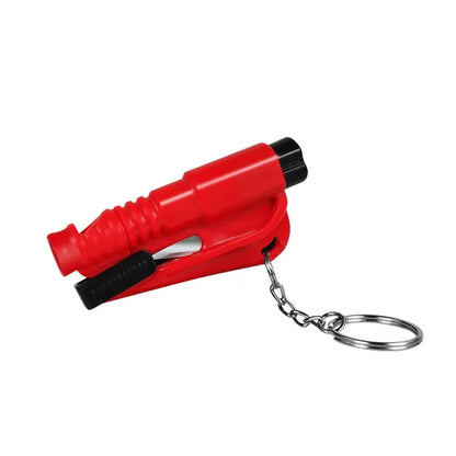 Red keychain safety hammer with metal chain and ring for emergency window breaking