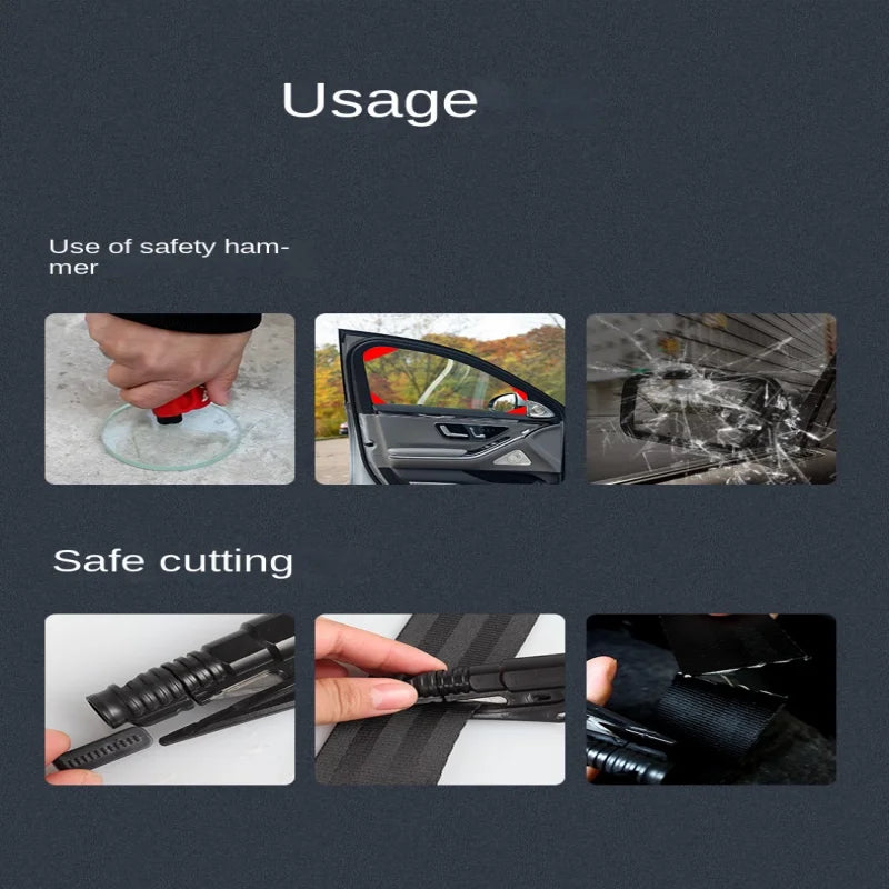 Demonstration of keychain safety hammer breaking glass and safe cutting with seatbelt cutter tool