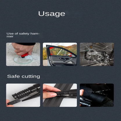 Demonstration of keychain safety hammer breaking glass and safe cutting with seatbelt cutter tool