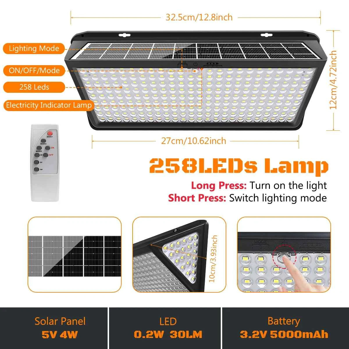 DFShop solar outdoor security lights with 258 LED lamps, solar panel, remote control, and rechargeable battery
