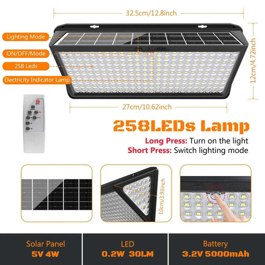 DFShop solar outdoor security lights with 258 LED lamps, solar panel, remote control, and rechargeable battery