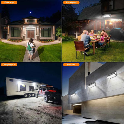 Solar outdoor security lights illuminating doorway courtyard camping car and porches at night