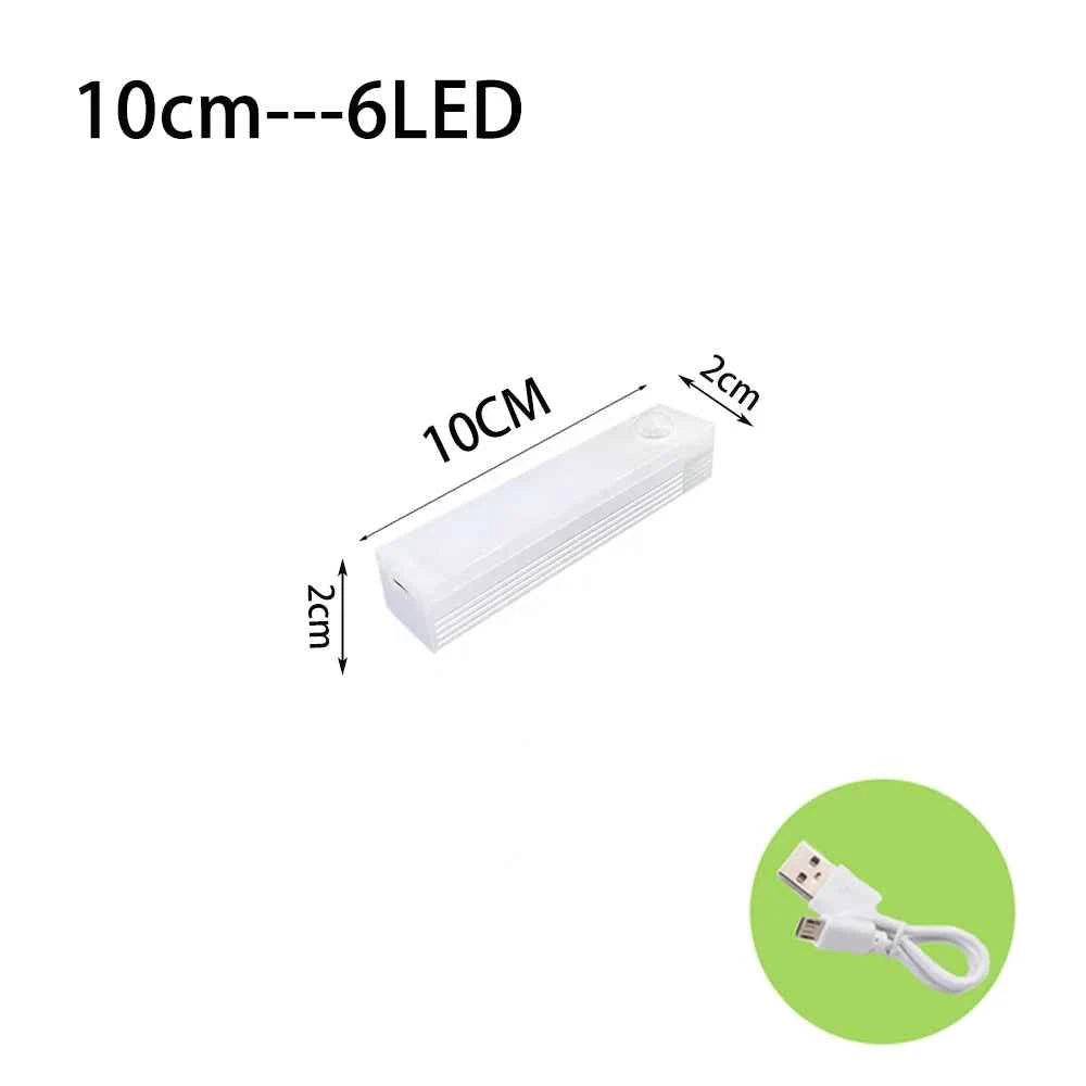 Compact 10cm LED motion sensor light with 6 LEDs and USB charging cable included
