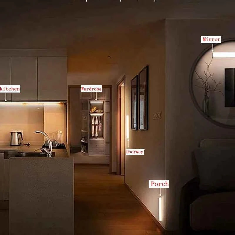 LED motion sensor light installed in kitchen, wardrobe, doorway, porch, and near mirror for home illumination