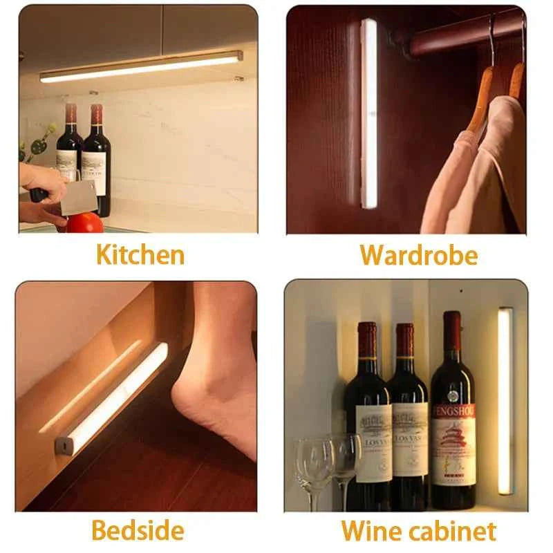 DFShop LED motion sensor light installed in kitchen, wardrobe, bedside, and wine cabinet for versatile lighting