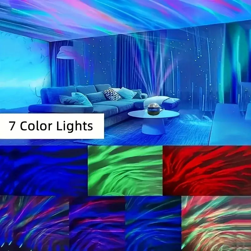 DFShop LED projection night light displaying 7 color lights creating vibrant patterns in a living room