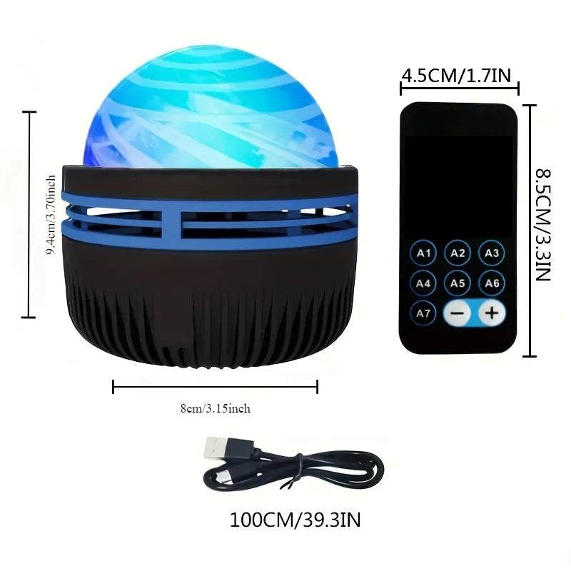 DFShop LED projection night light with remote control and USB charging cable showing size dimensions