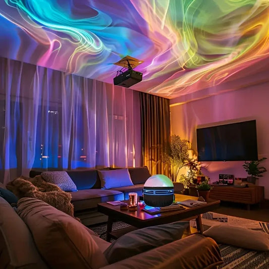 DFShop LED projection night light creating colorful swirling patterns on ceiling in cozy living room