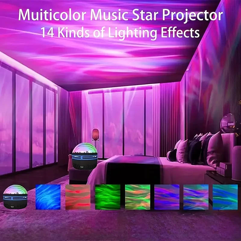 Multicolor LED projection night light creating star patterns with 14 lighting effects in bedroom