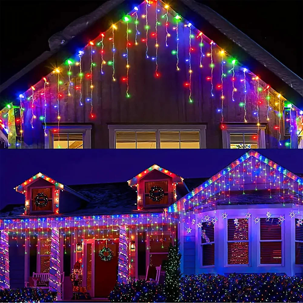 Colorful LED solar string lights for garden hanging on house eaves and porch creating festive outdoor decoration