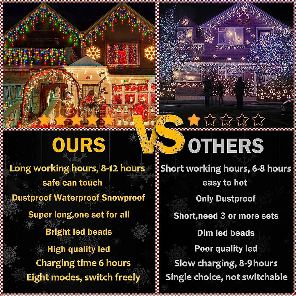 Comparison of colorful LED solar string lights for garden on a house with bright features versus dimmer competitor lights