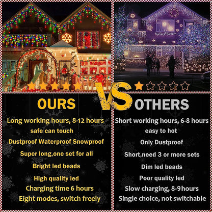 Comparison of colorful LED solar string lights for garden on a house with bright features versus dimmer competitor lights